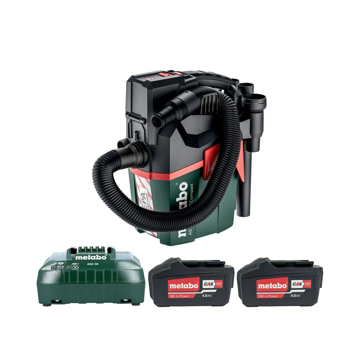 Metabo AS18 HEPA PC COMPACT 18V L Class HEPA Filter Cordless Wet & Dry Vacuum Cleaner With 2 X 4.0Ah Batteries & Charger