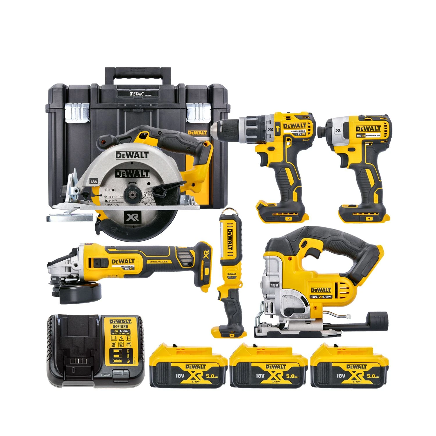 DeWalt 18V 6 Piece Cordless Power Tool Kit With 3 X 5.0Ah Batteries, Charger & Case