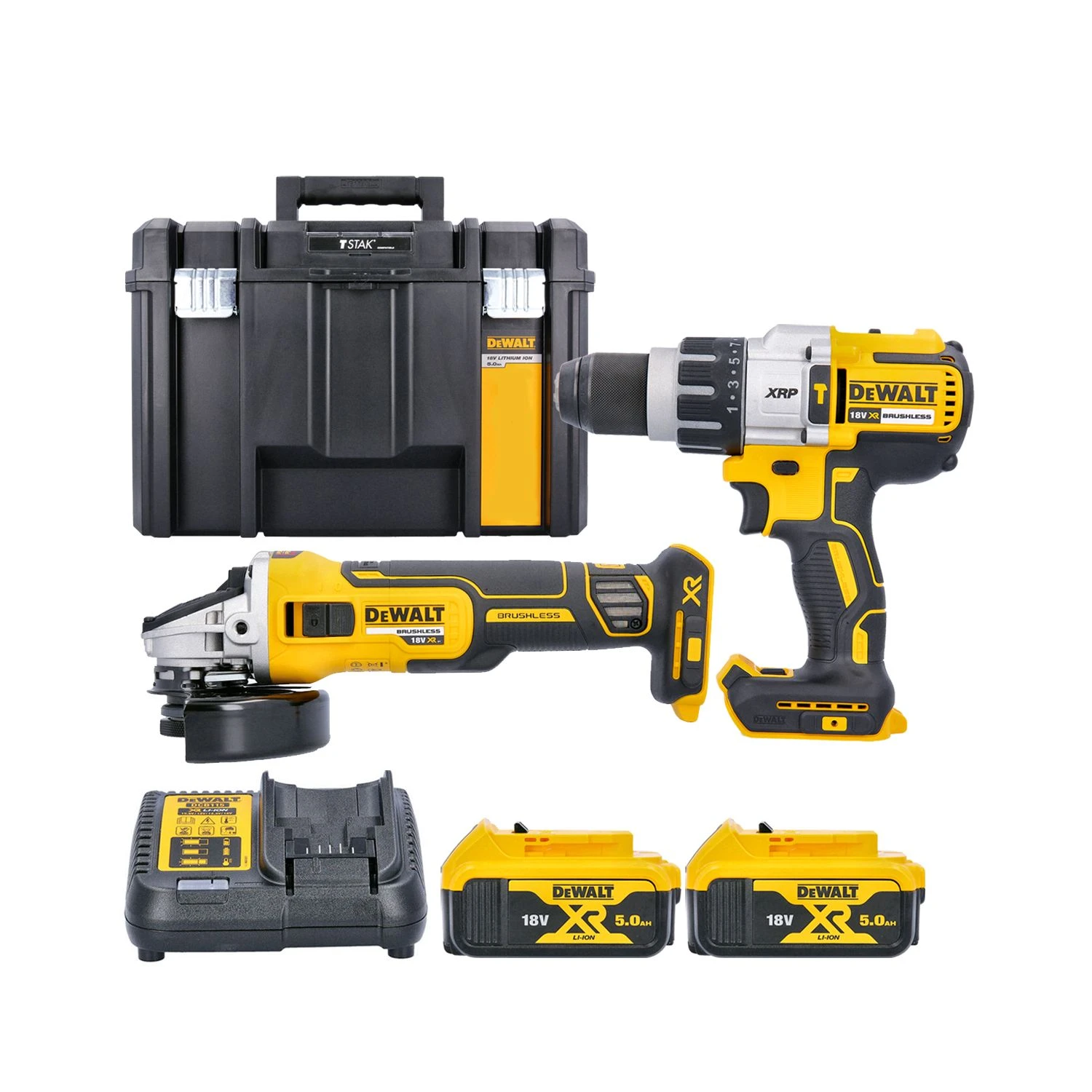 DeWalt 18V Cordless Brushless DCD996N Combi Drill & DCG405N 125mm Angle Grinder Twin Pack With 2 X 5.0Ah Batteries, Charger & TSTAK VI Case