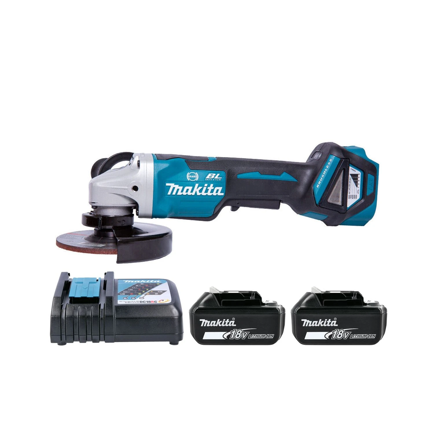 Makita DGA517 18V BL Grinder + 2 X 5.0Ah Batteries & Charger