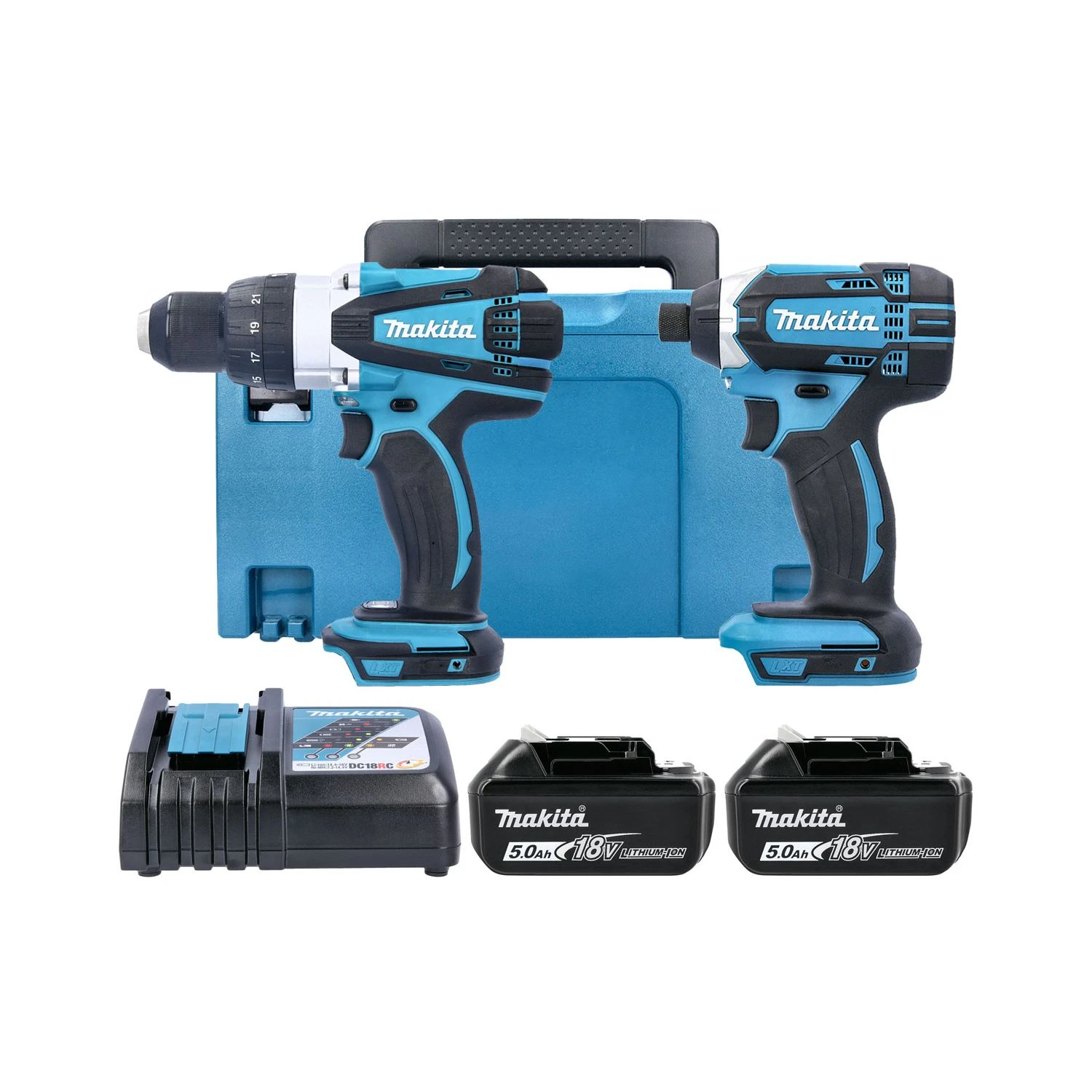 Makita DLX2145TJ 18V LXT Cordless Combi Drill & Impact Driver Twin Pack With 2 X 5.0Ah Batteries, Charger & Type 3 Case